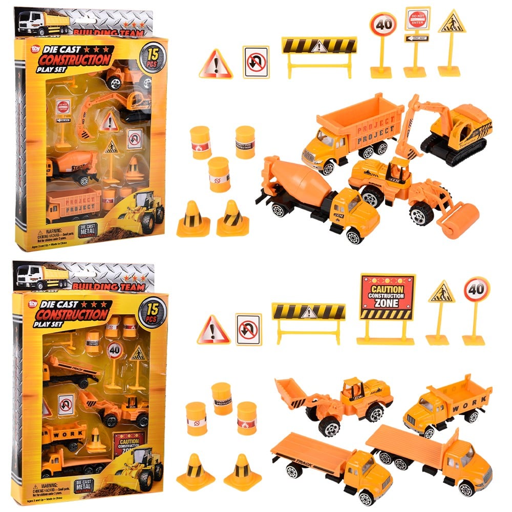 15pc Diecast Construction Vehicles Play Set